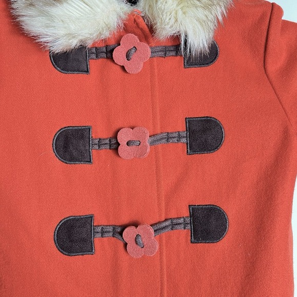 Gymboree Girls XS 3-4 Red-Orange Wool Toggle Coat‎ Faux Fur Collar Peacoat EUC - Picture 2 of 9